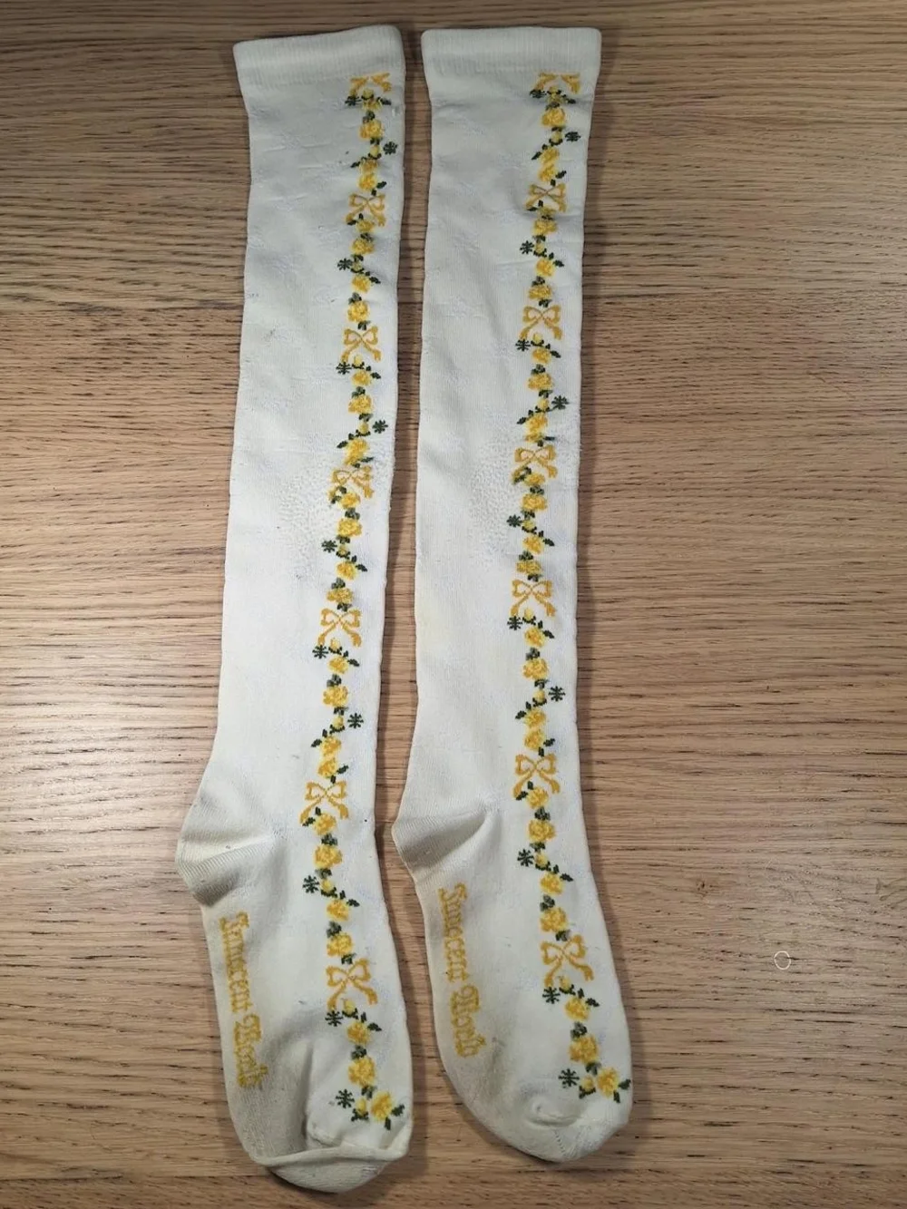 Innocent World Ivory Yellow Floral Bow OTK Socks | Classic Lolita